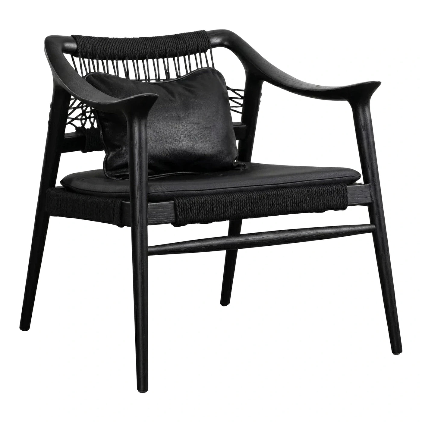 Black Wood Lounge Chair with Woven Back and Leather Cushion