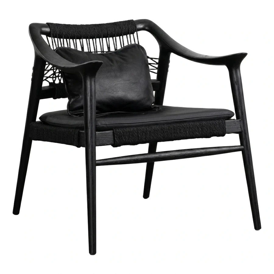 Black Wood Lounge Chair with Woven Back and Leather Cushion