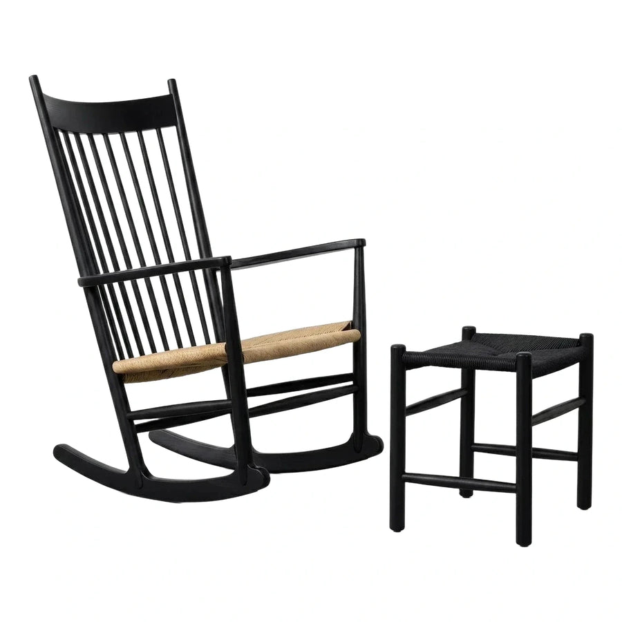 Black Wooden Rocking Chair with Woven Seat and Stool