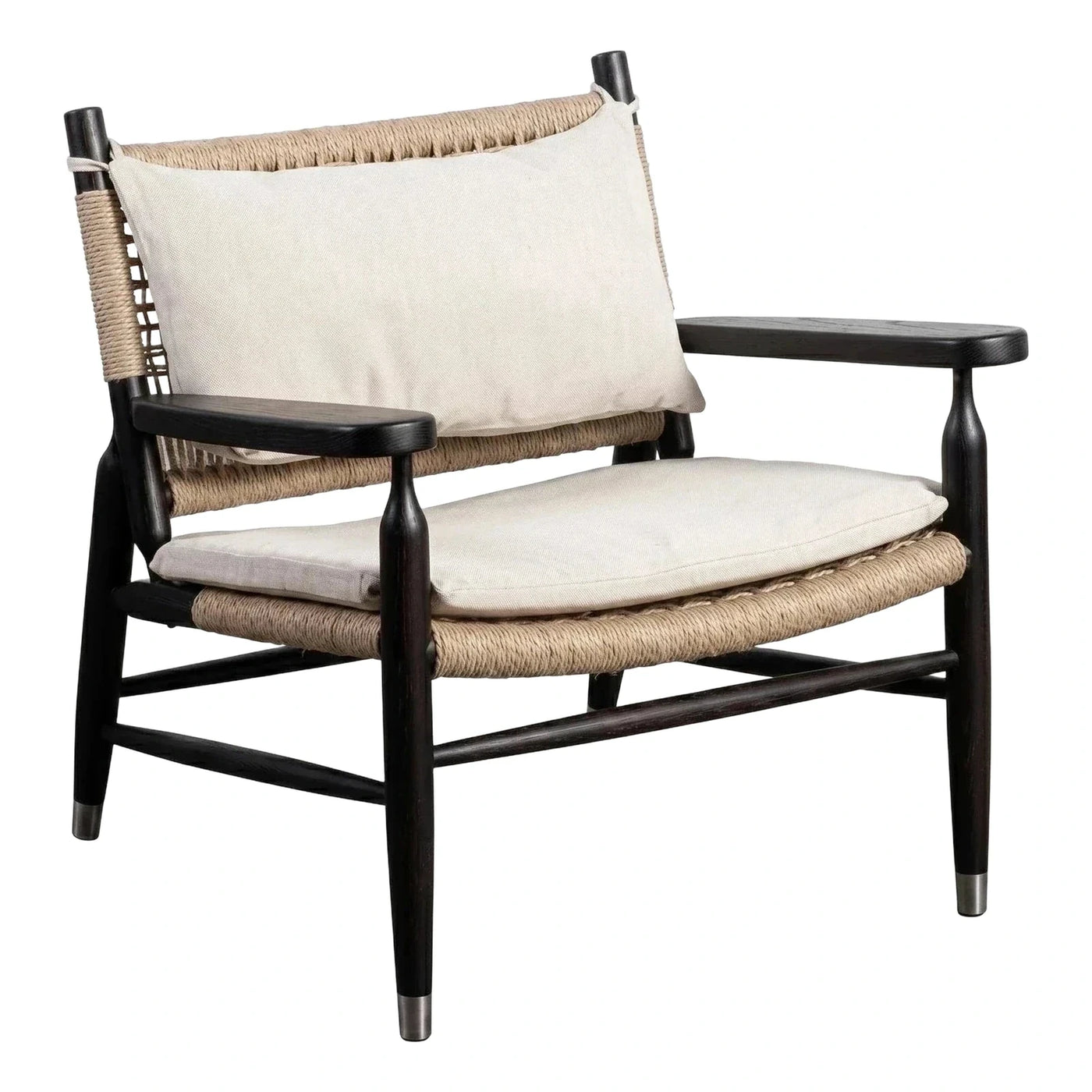 Dark Wood Lounge Chair with Woven Rope and Cream Cushions