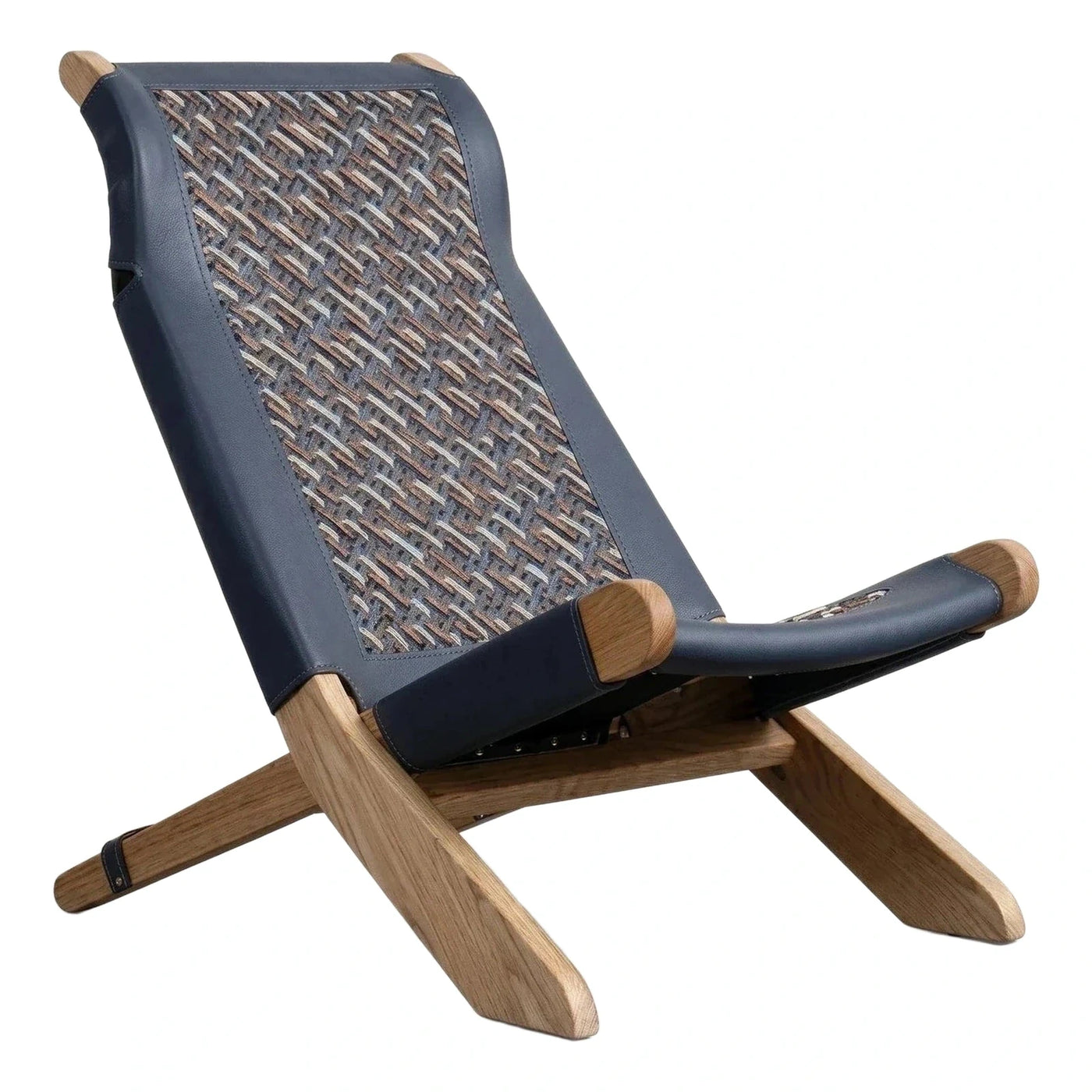 Blue Leather and Woven Fabric Wood Lounge Chair