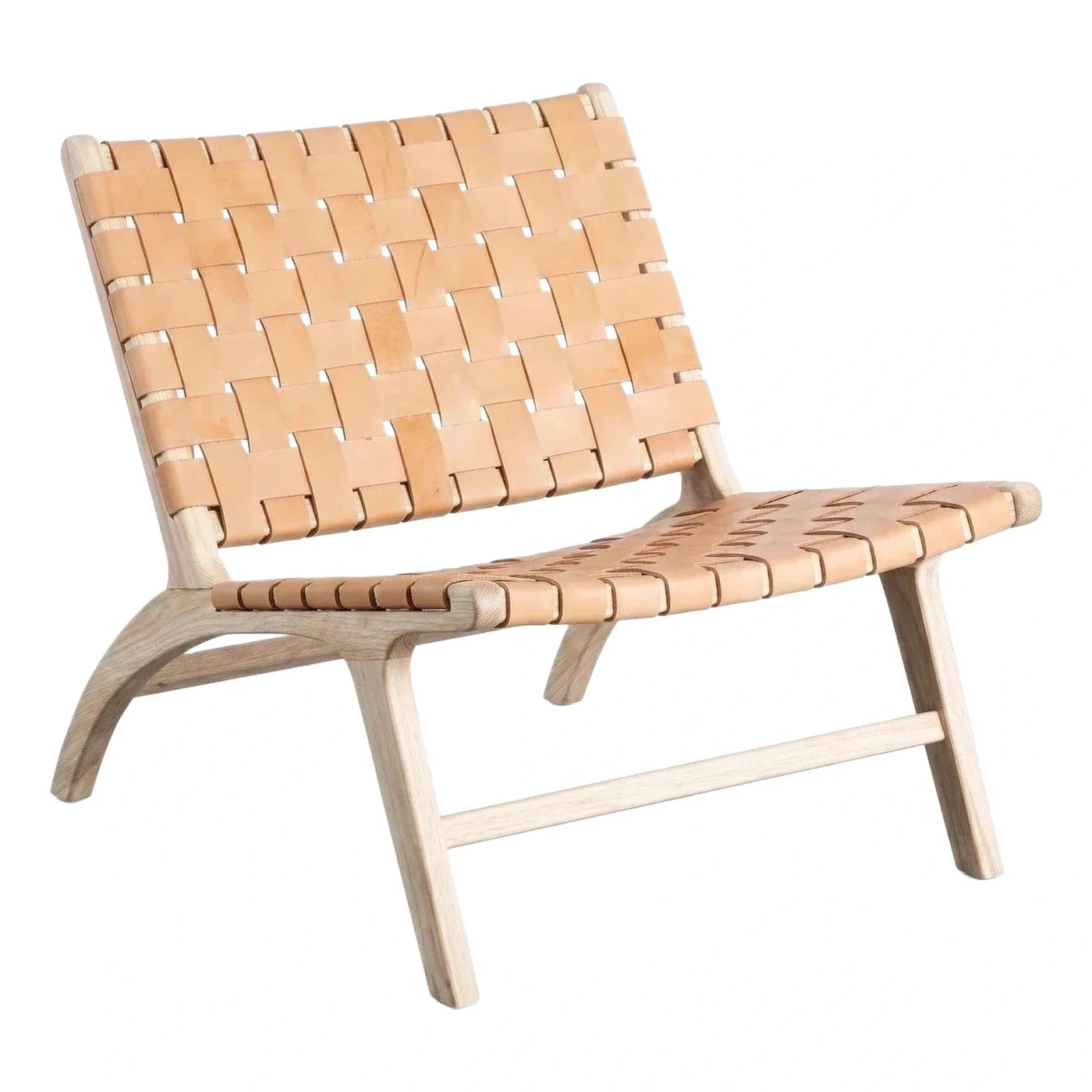 Woven Leather Lounge Chair with Light Wood Frame