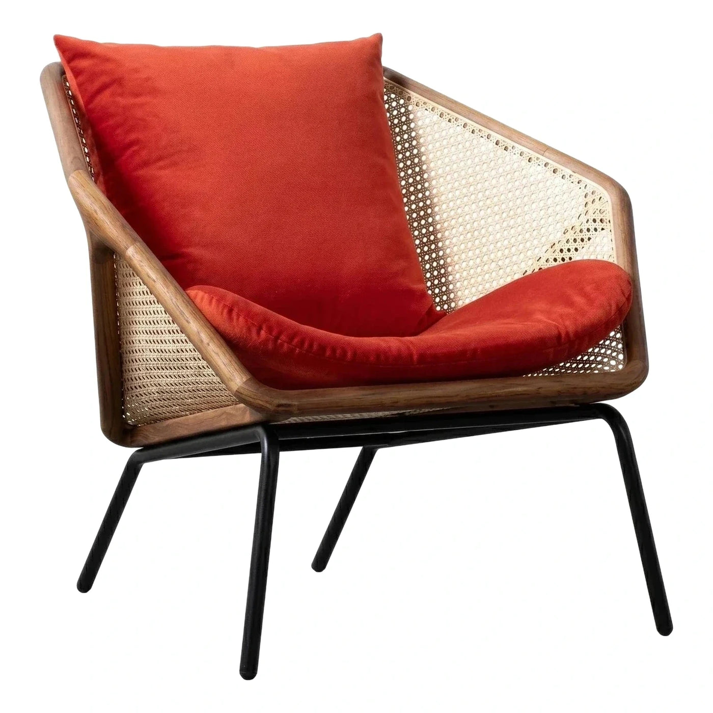 Modern Rattan Armchair with Wood Frame and Red Cushions
