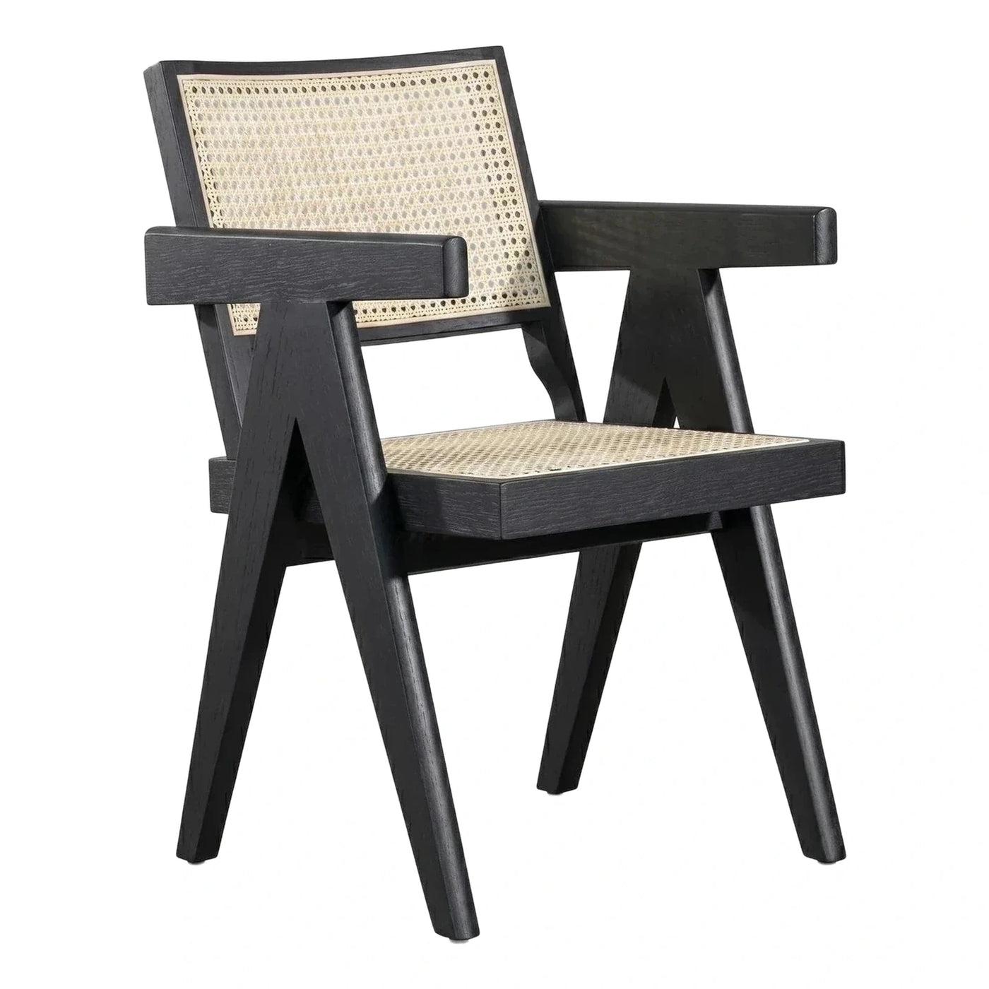 Black Wood Armchair with Natural Cane Weave