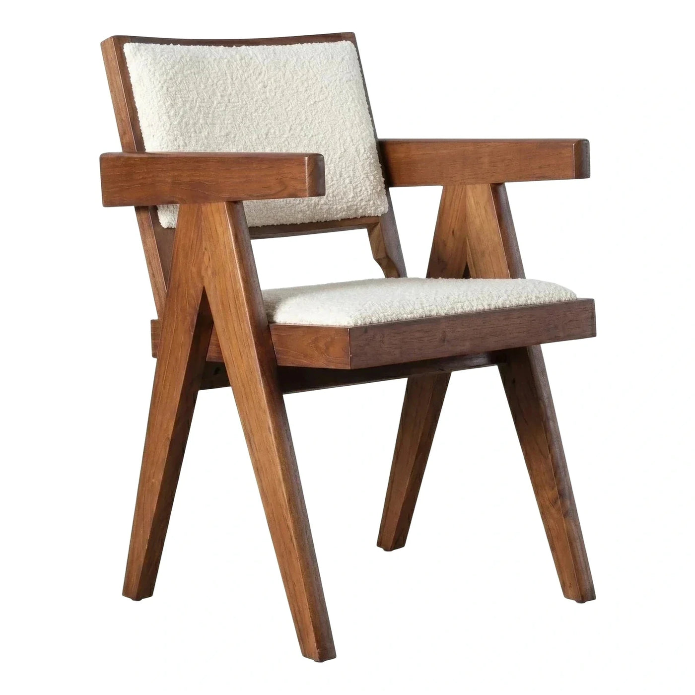 Solid Wood Armchair with Cream Boucle Upholstery