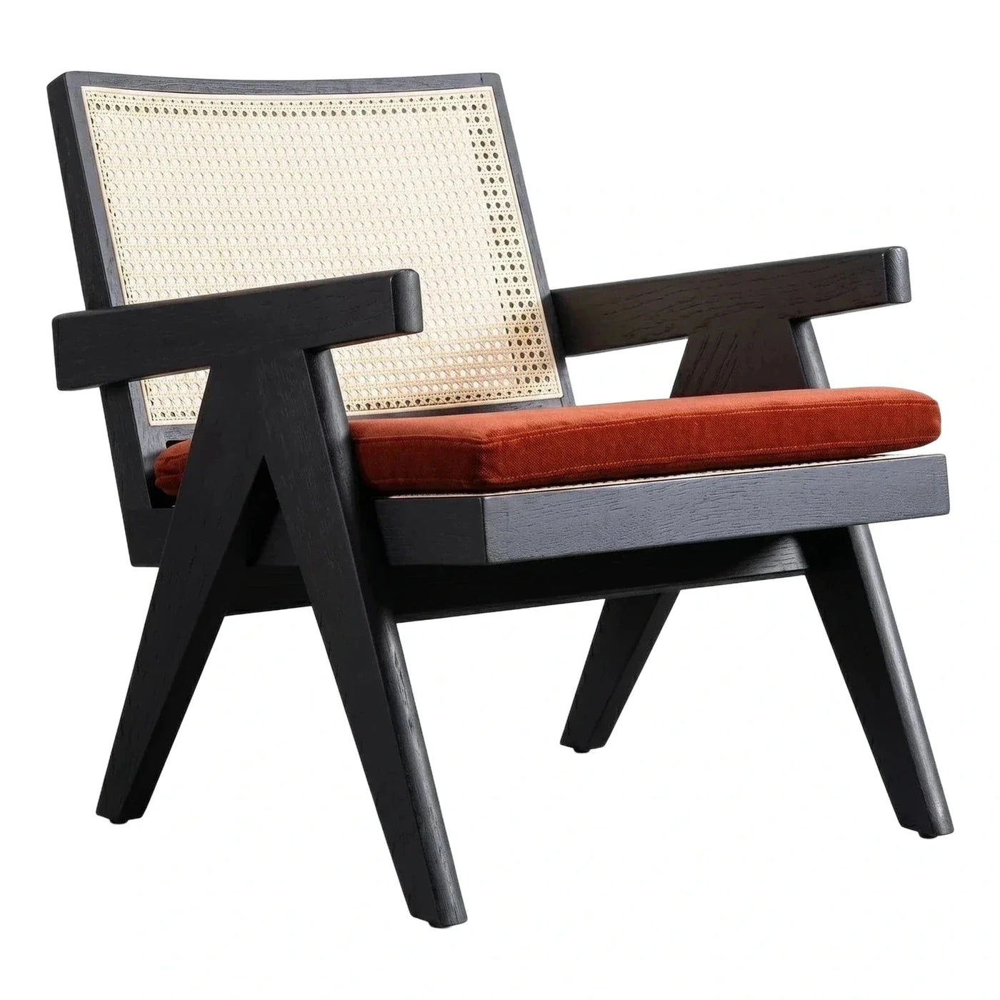 Black Wood Armchair with Cane Back and Rust Cushion