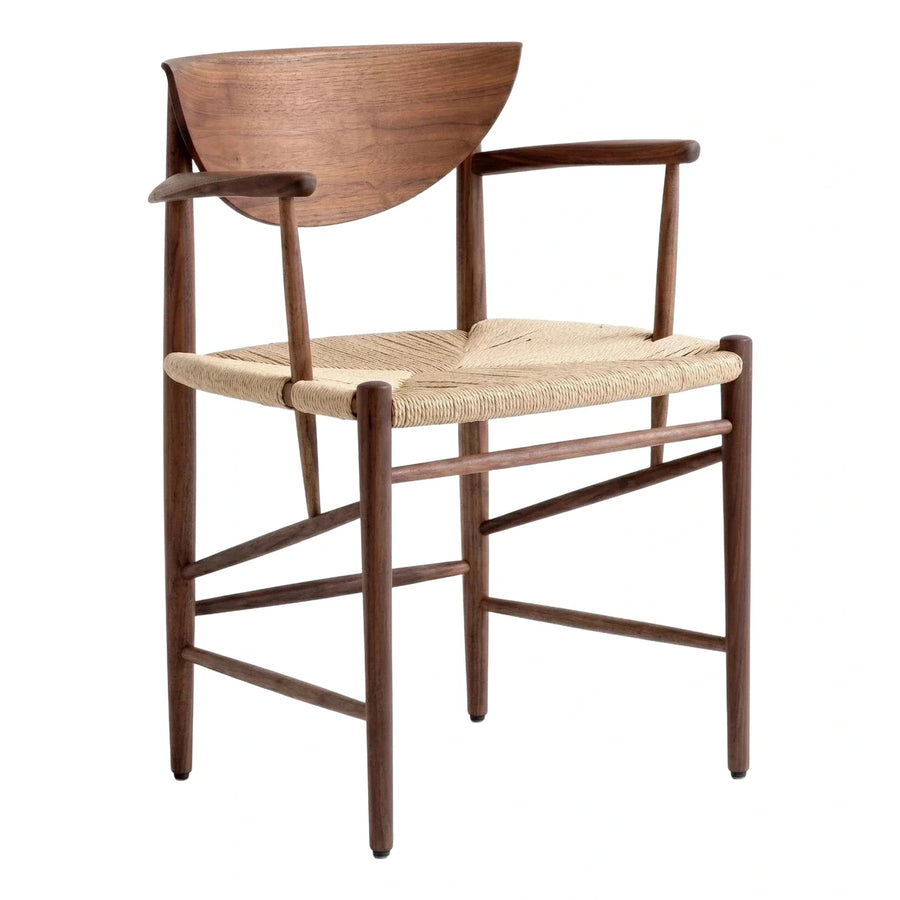 Walnut Wood Dining Chair with Woven Seat and Curved Back