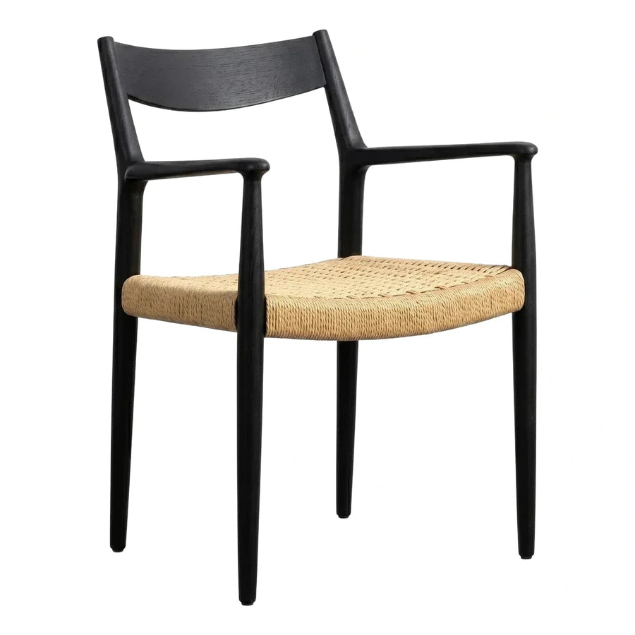 Black Wood Armchair with Natural Woven Seat