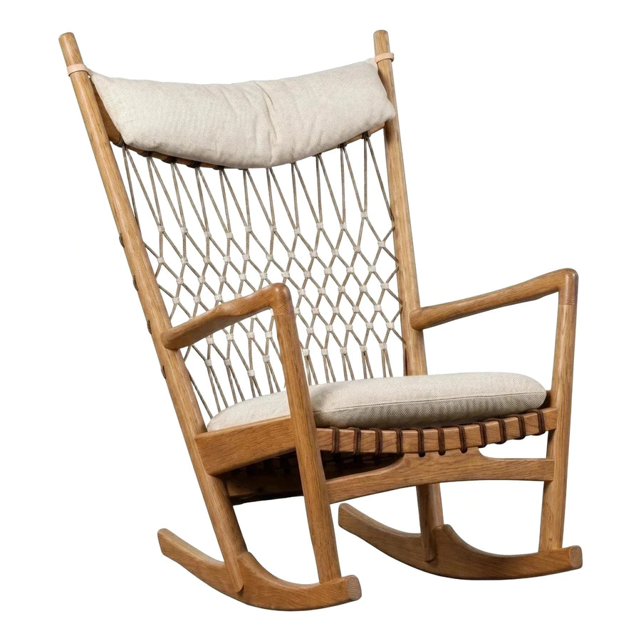 Wooden Rocking Chair with Woven Rope Back and Cushions