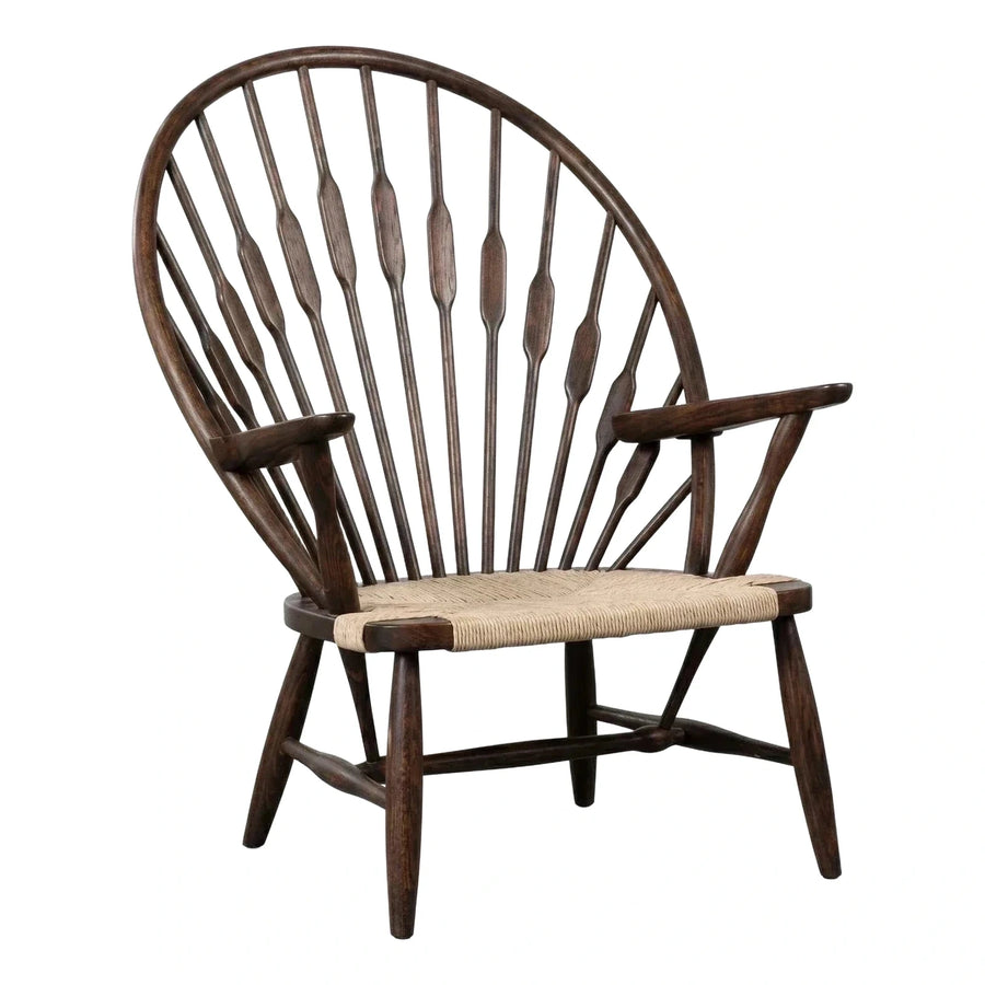 Dark Wood Curved Back Lounge Chair with Woven Seat