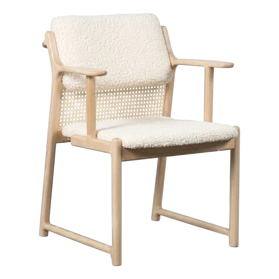 Light Wood Armchair with Boucle Seat and Cane Back