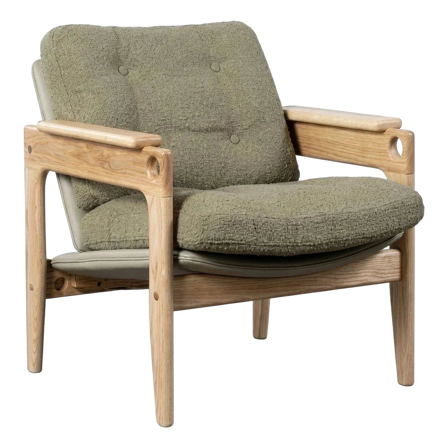 Sage Green Boucle Armchair with Light Wood Frame