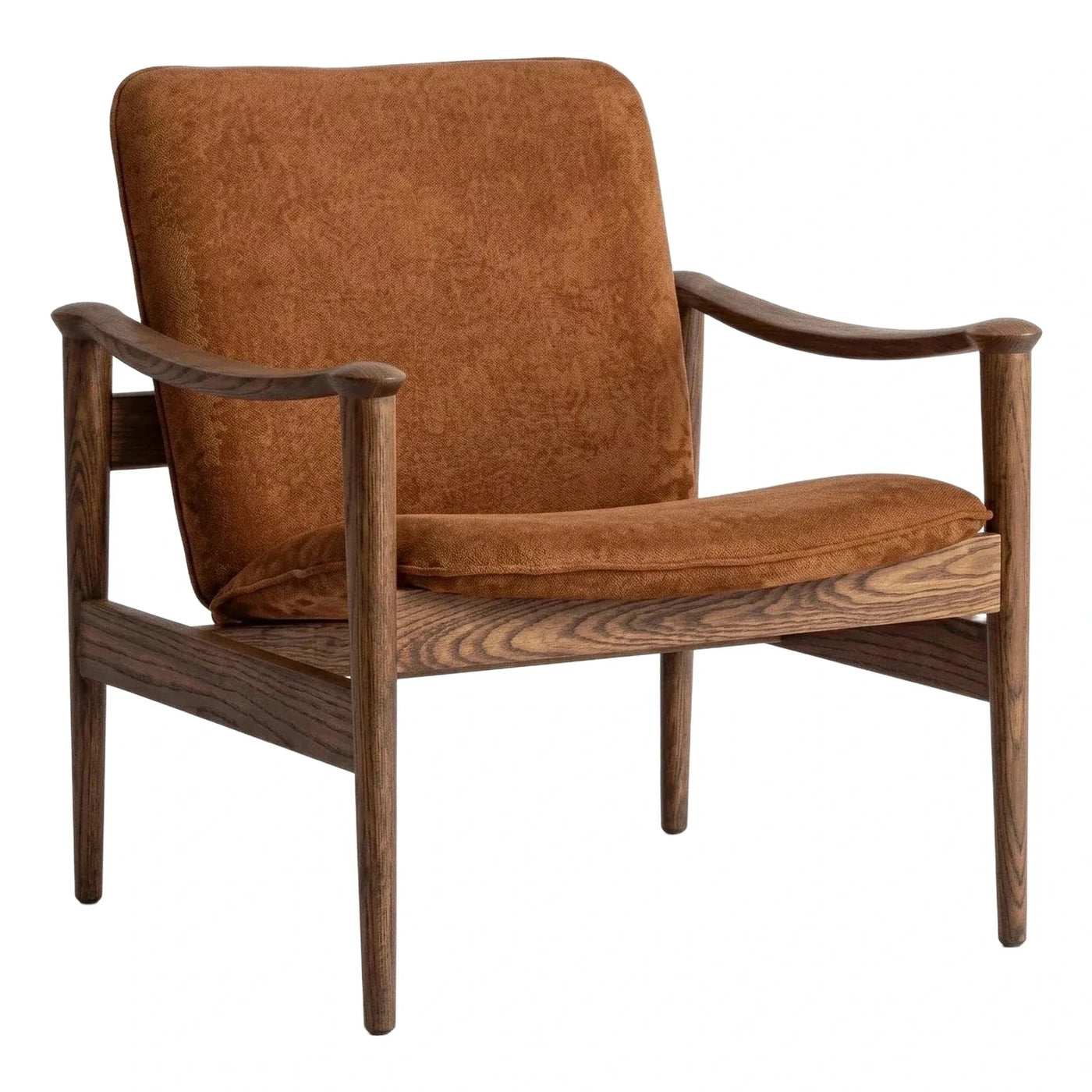 Dark Wood Frame Lounge Chair with Rust Fabric Cushions