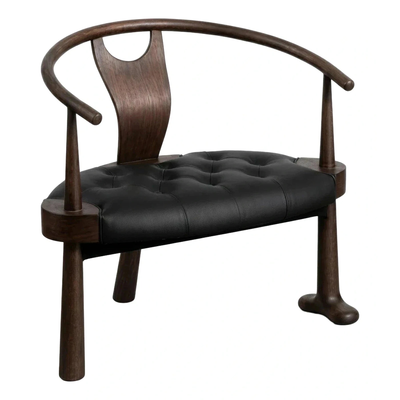 Dark Wood Wishbone Bench with Black Tufted Leather Seat