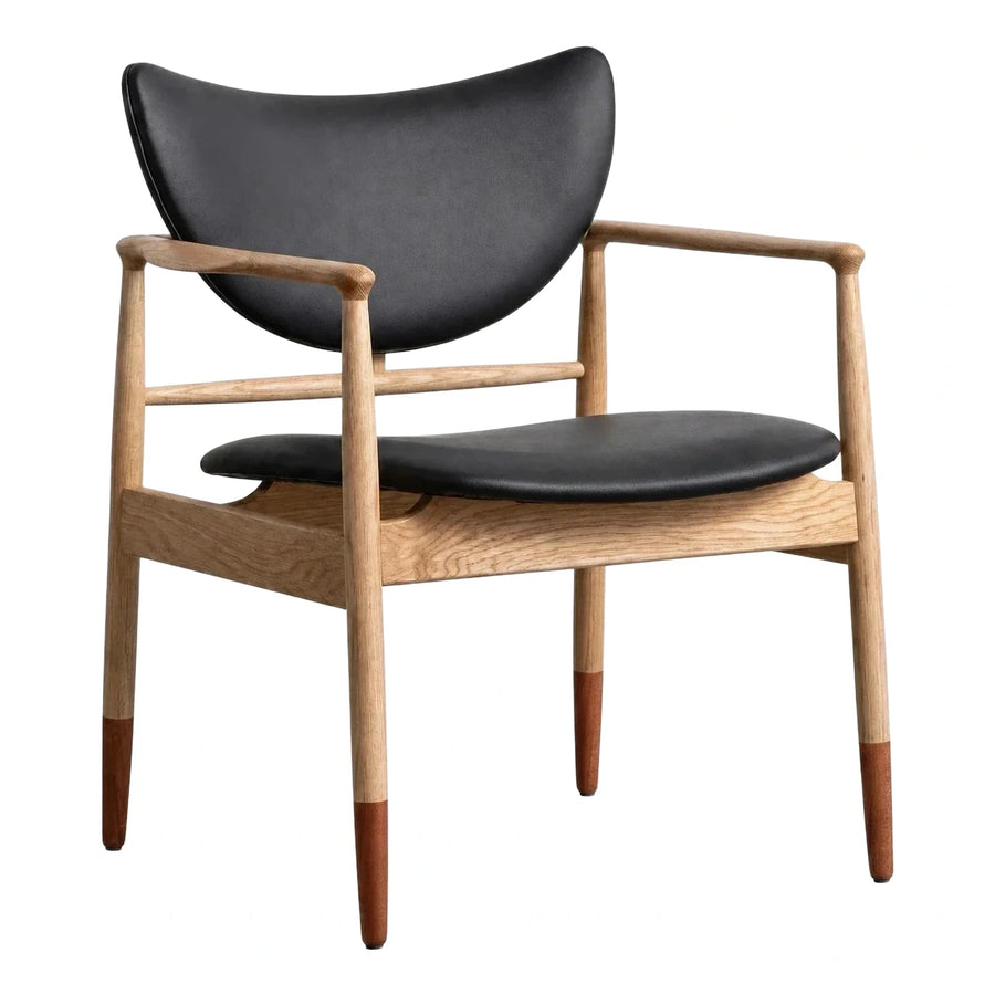 Black Leather Armchair with Natural Wood Frame