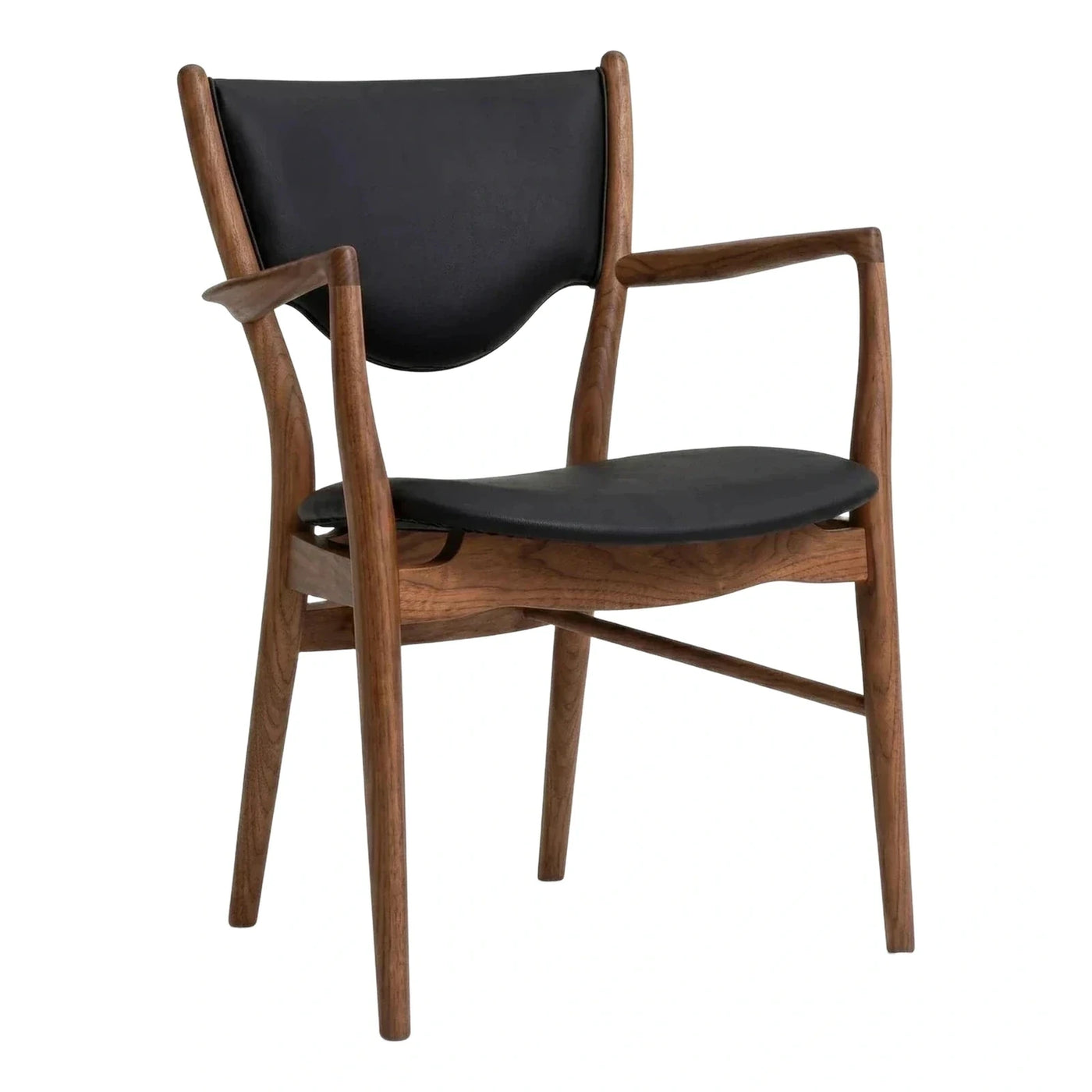 Mid-Century Modern Walnut Armchair with Black Leather