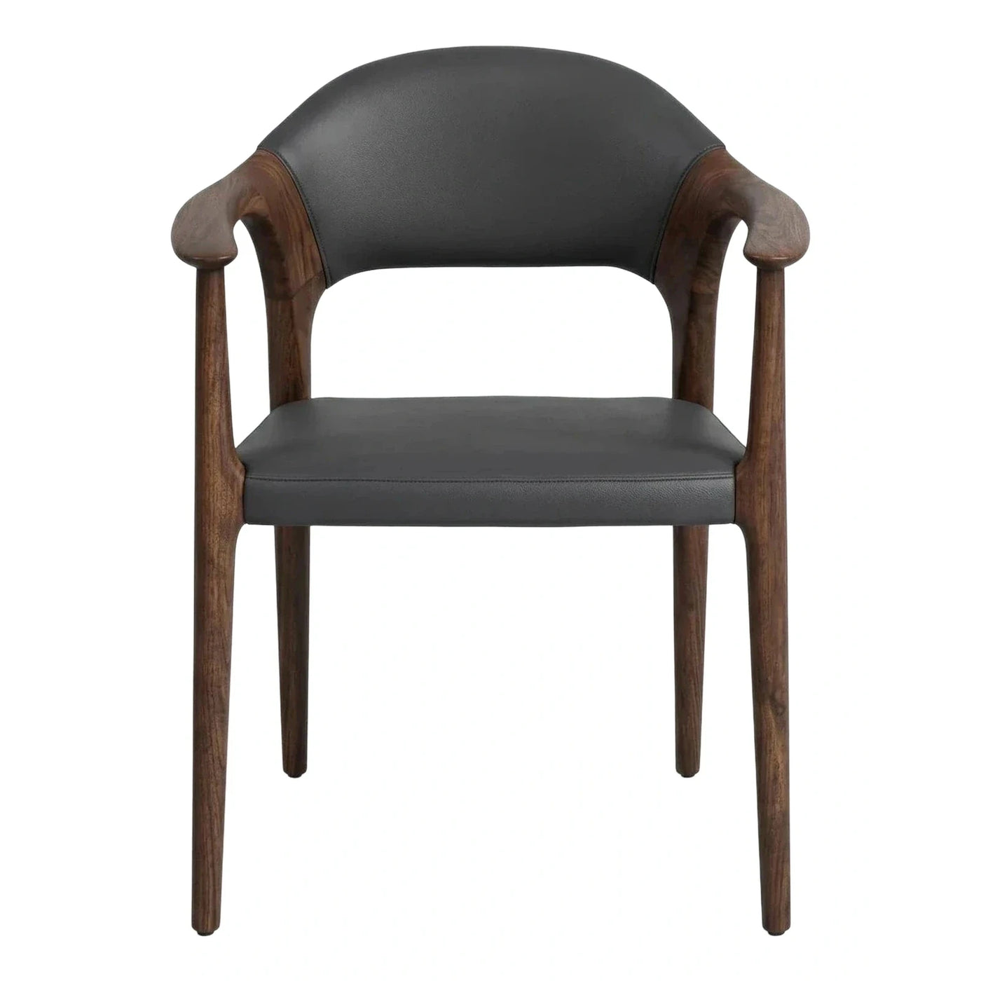 Dark Wood Armchair with Black Leather Upholstery