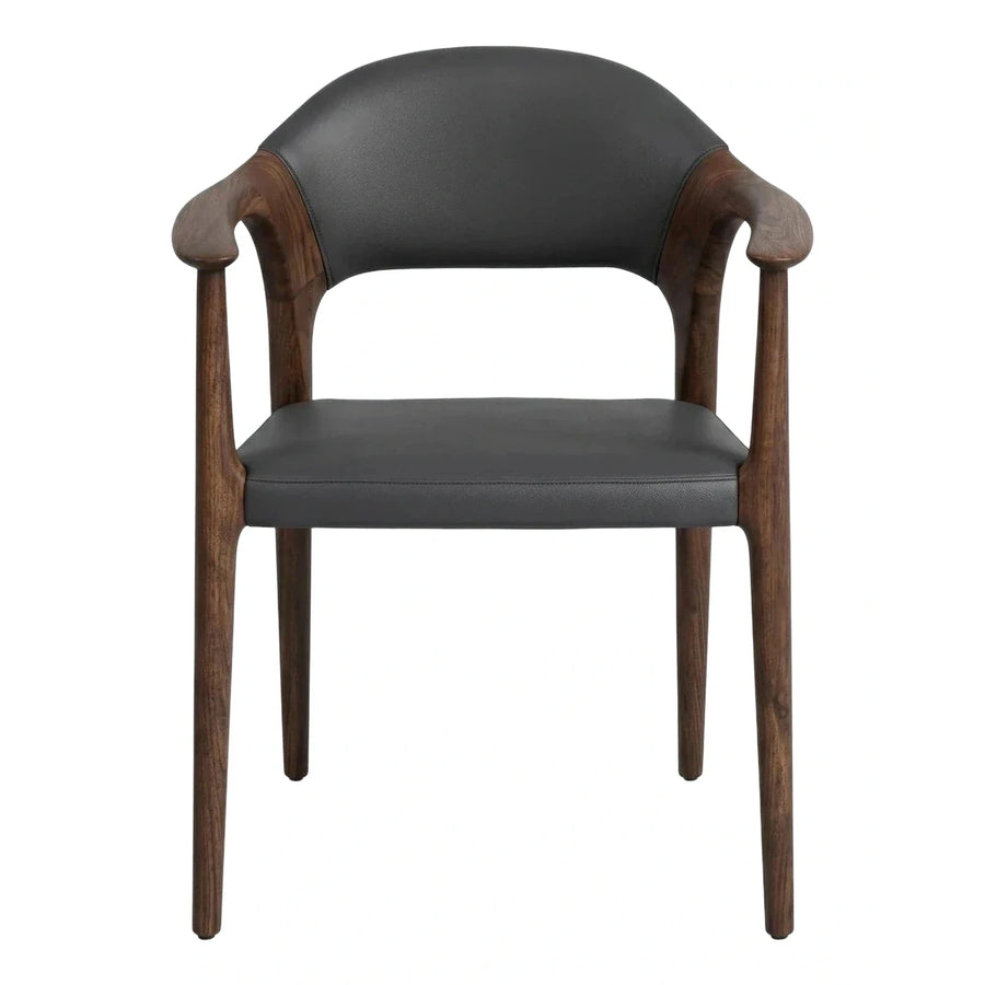 Dark Wood Armchair with Black Leather Upholstery
