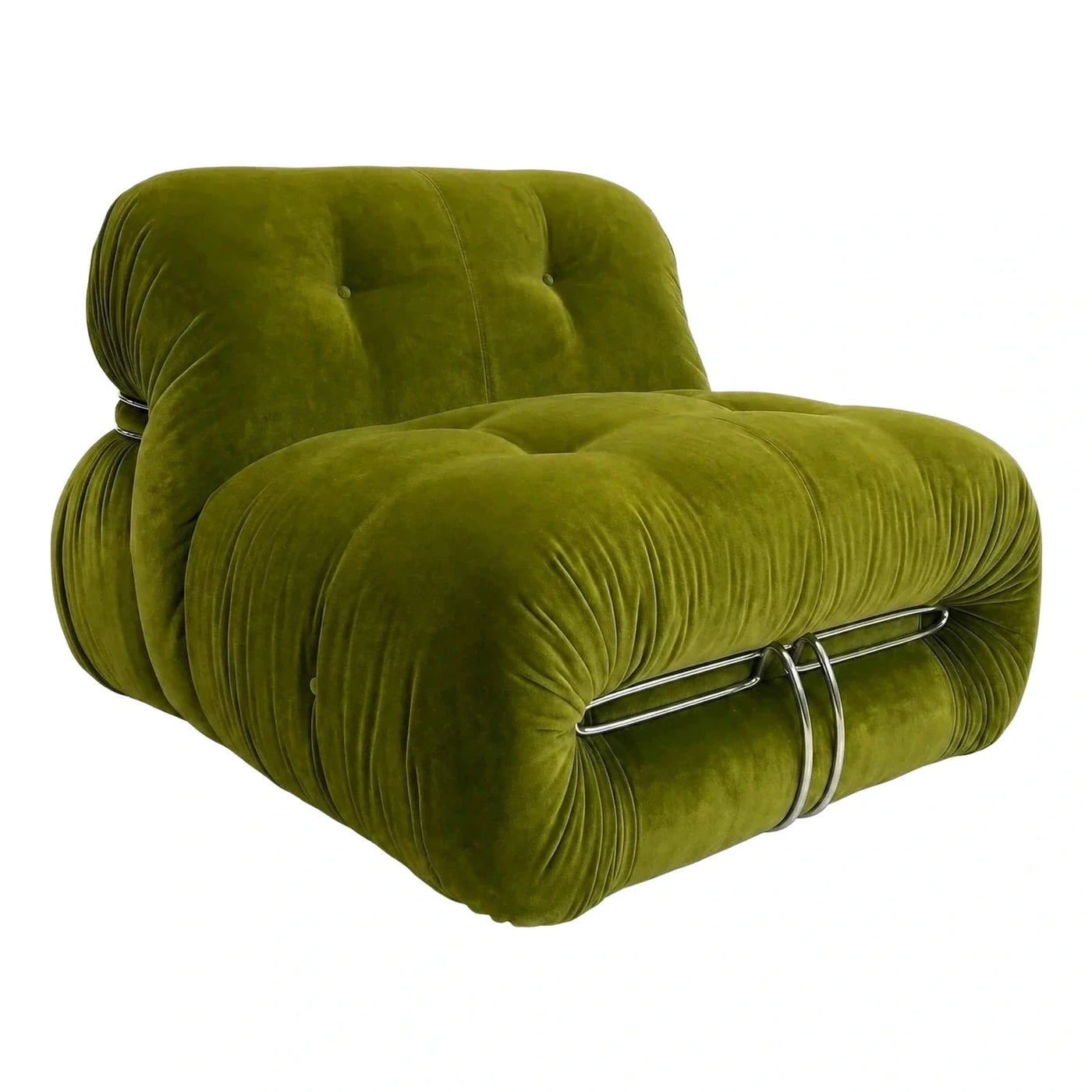 Olive Green Velvet Tubular Lounge Chair with Chrome Rings