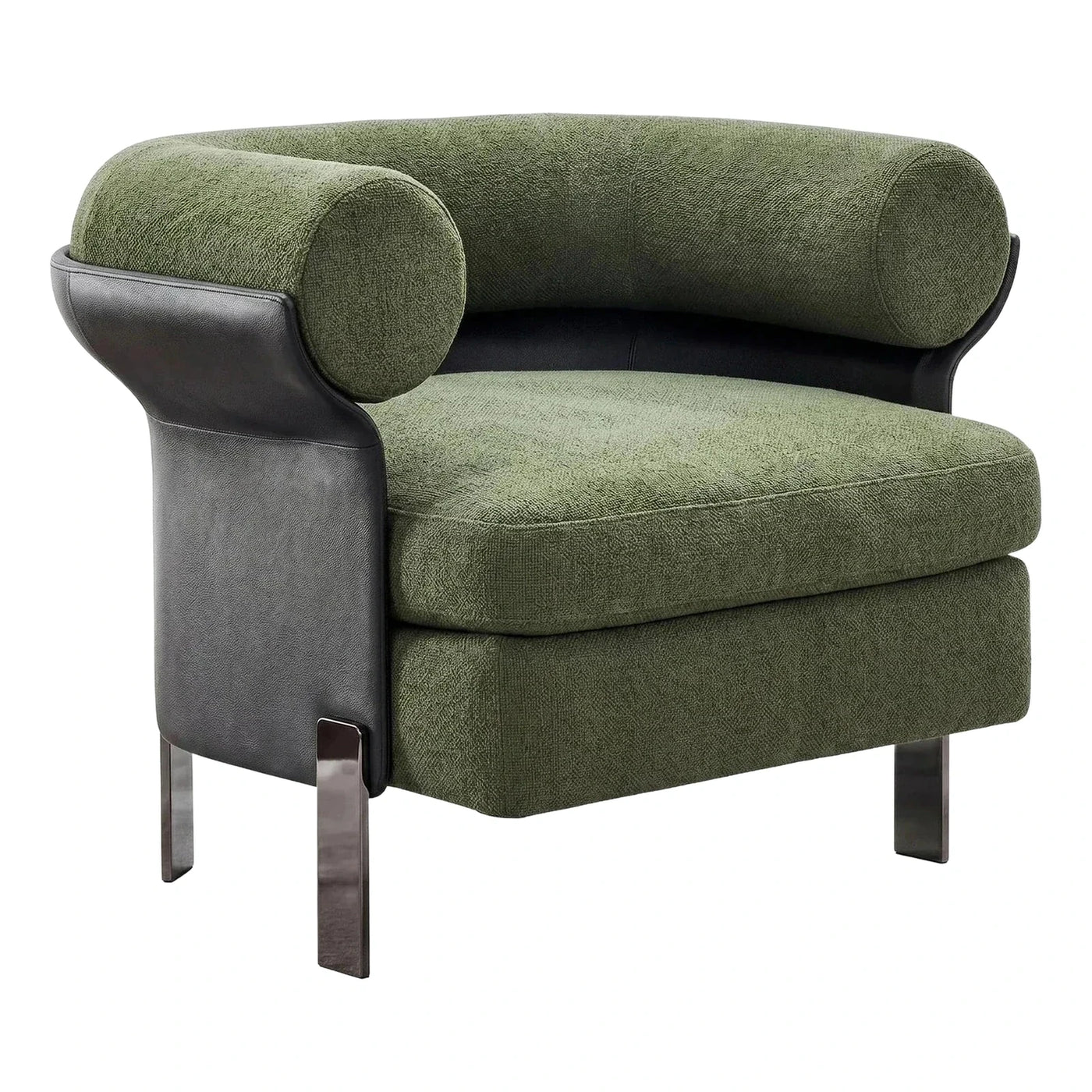 Modern Green Boucle Armchair with Black Leather Sides