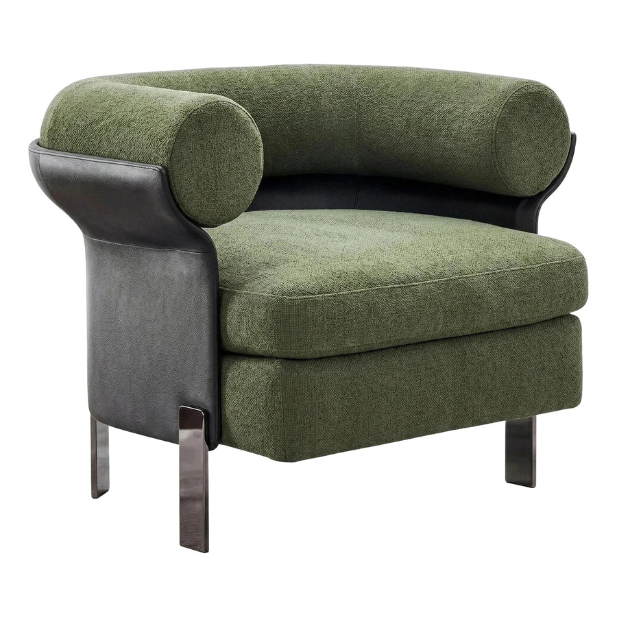 Modern Green Boucle Armchair with Black Leather Sides