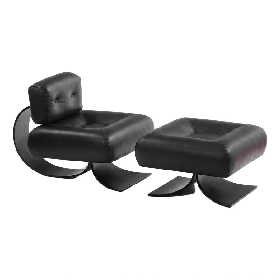 Modern Black Leather Lounge Chair and Ottoman
