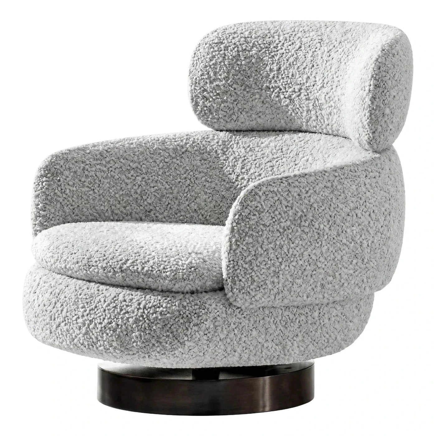 White Boucle Swivel Armchair with Dark Metal Base