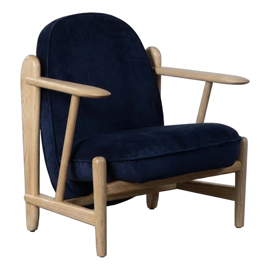 Navy Blue Velvet Armchair with Light Wood Frame