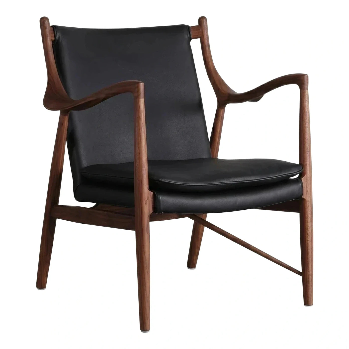Black Leather Lounge Chair with Dark Wood Frame