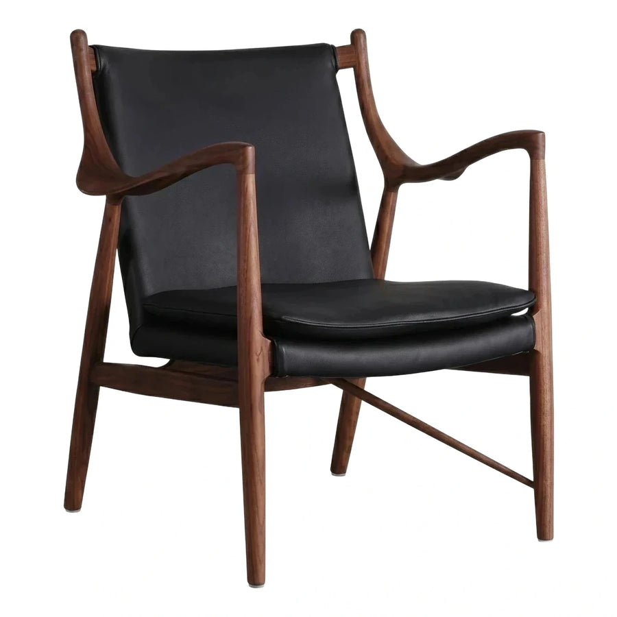 Black Leather Lounge Chair with Dark Wood Frame
