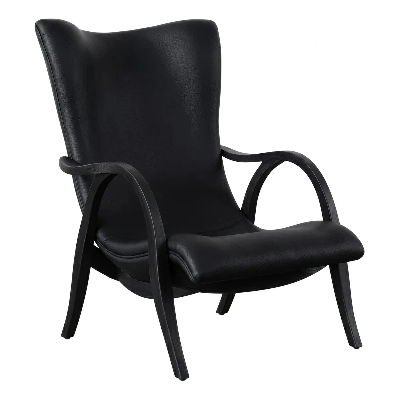 Modern Black Leather Lounge Chair with Curved Wood Frame