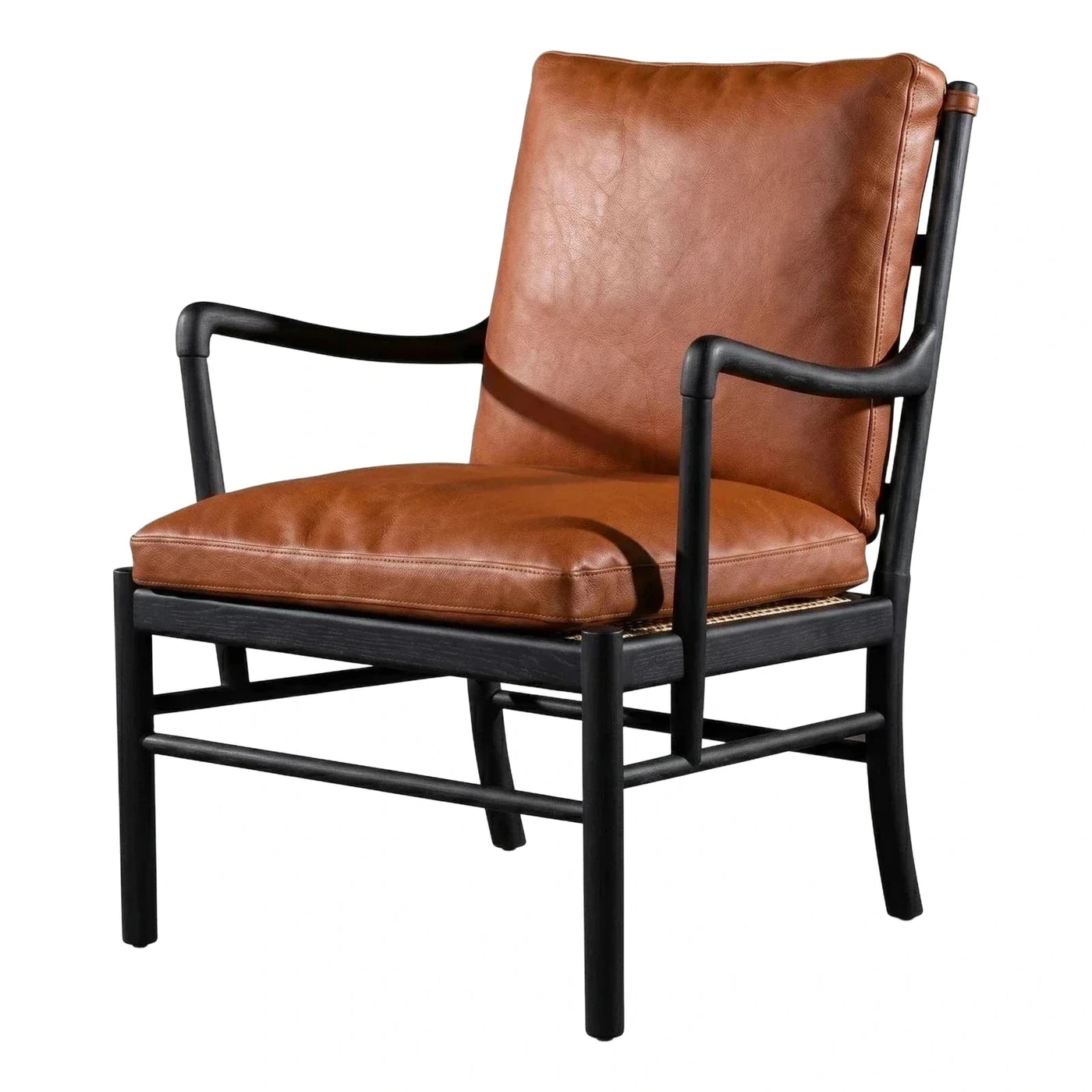 Brown Leather Armchair with Black Wood Frame and Cane