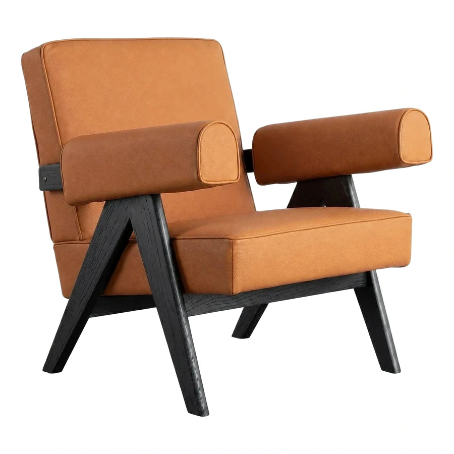 Modern Tan Leather Armchair with Dark Wood Frame