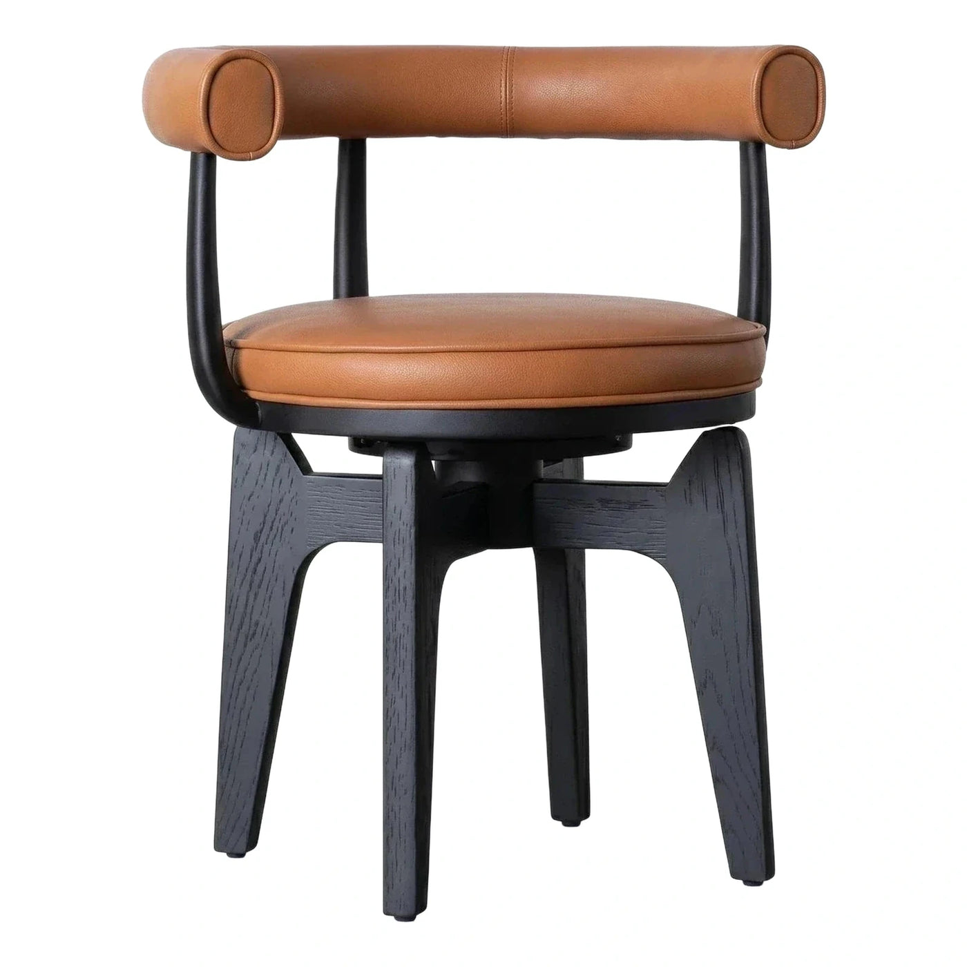 Modern Tan Leather Swivel Chair with Black Wood Base