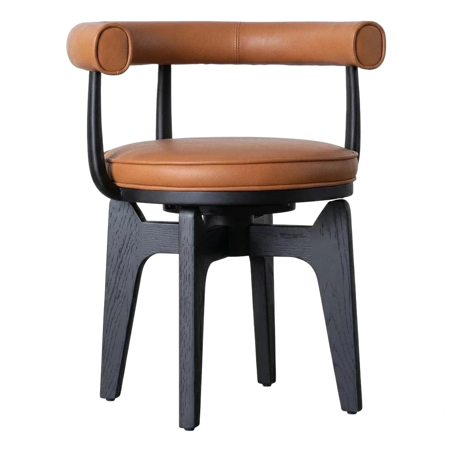 Modern Tan Leather Swivel Chair with Black Wood Base