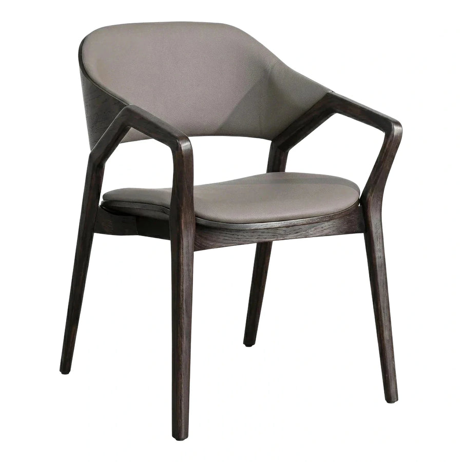 Modern Grey Leather Dining Chair with Dark Wood Frame