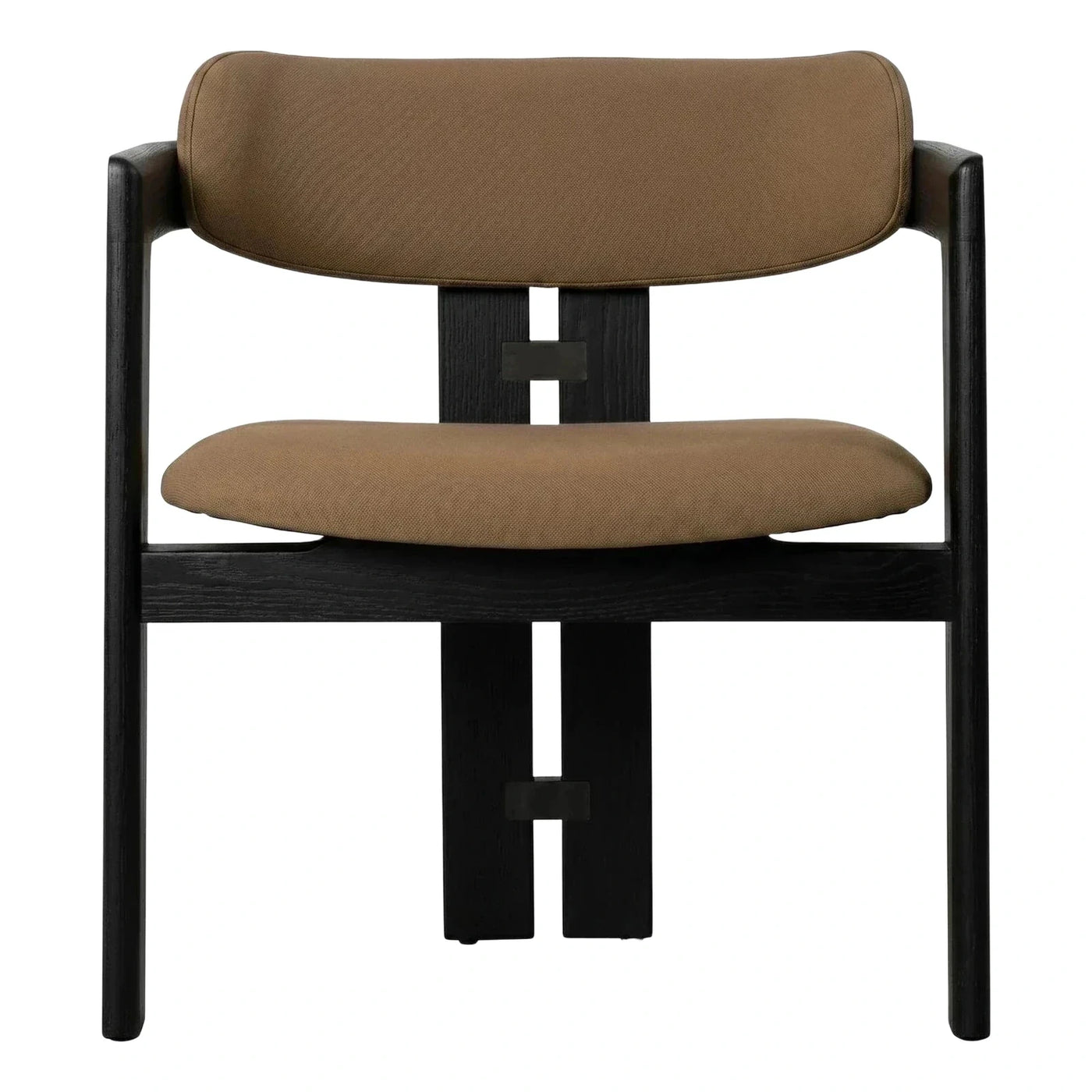 Modern Black Wood Armchair with Tan Fabric Cushions