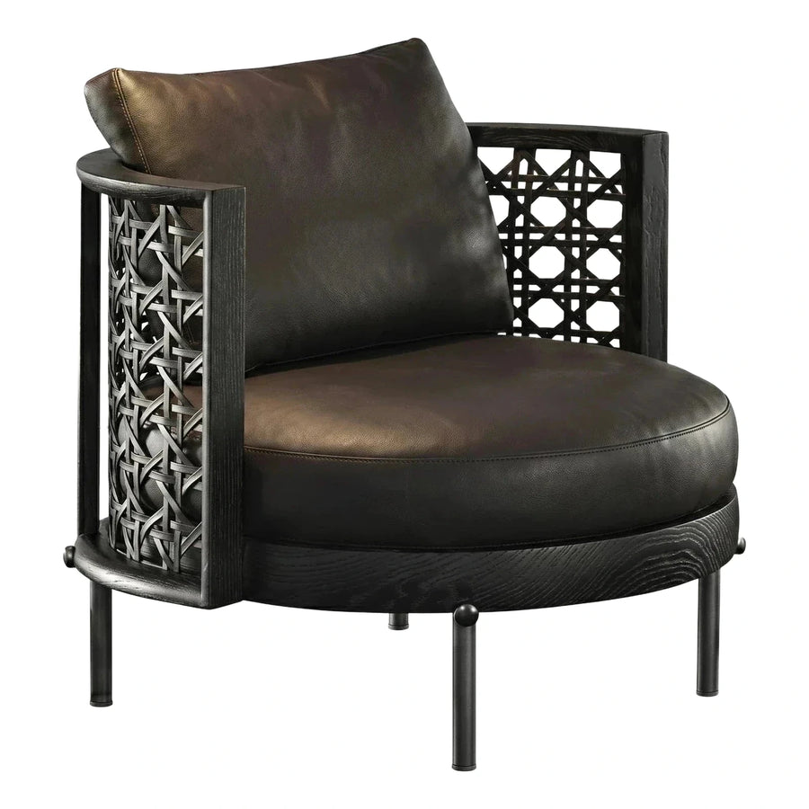 Dark Wood Lattice Armchair with Brown Leather Cushion