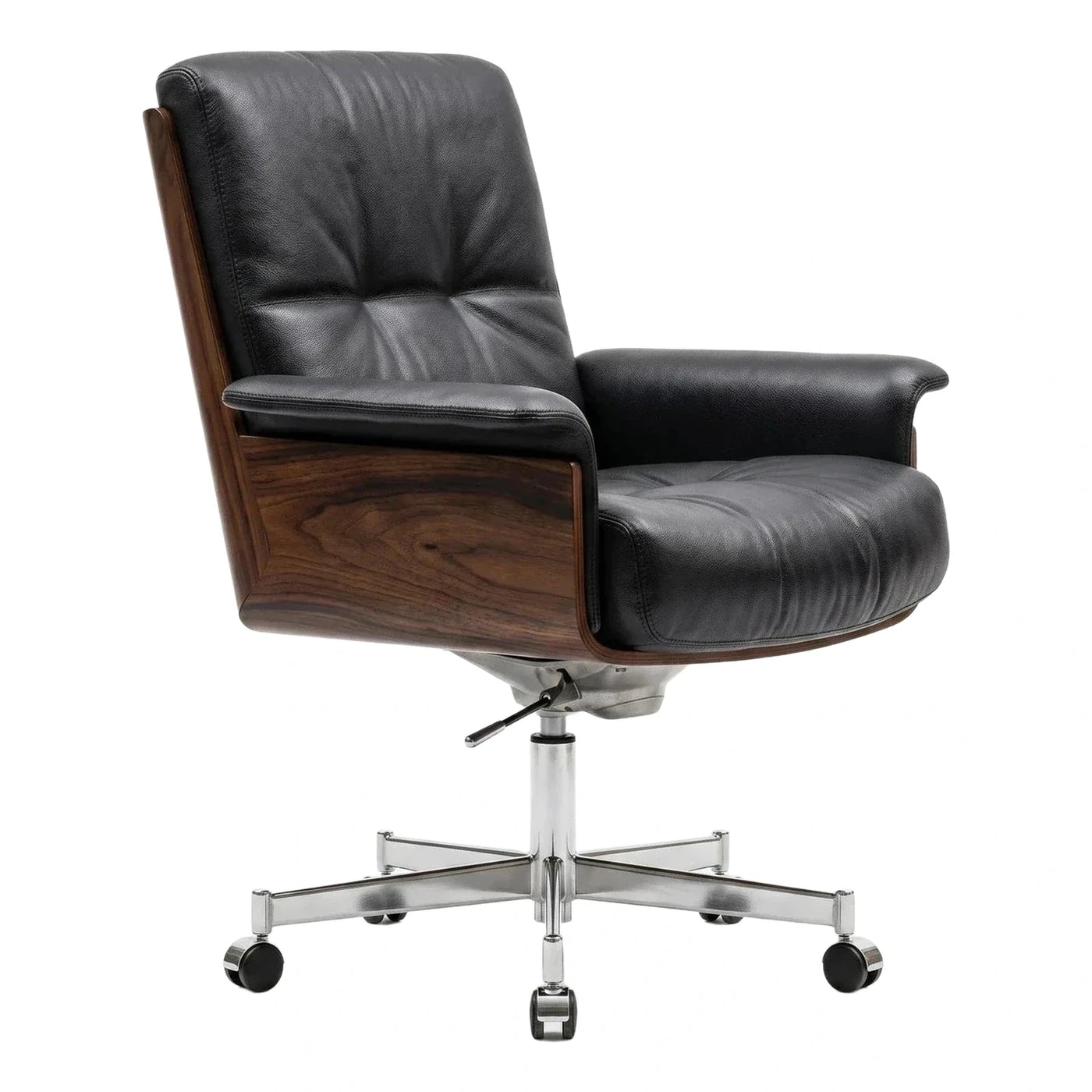 Black Leather Executive Swivel Chair with Wood Shell