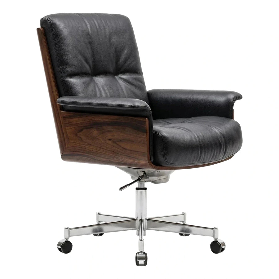 Black Leather Executive Swivel Chair with Wood Shell