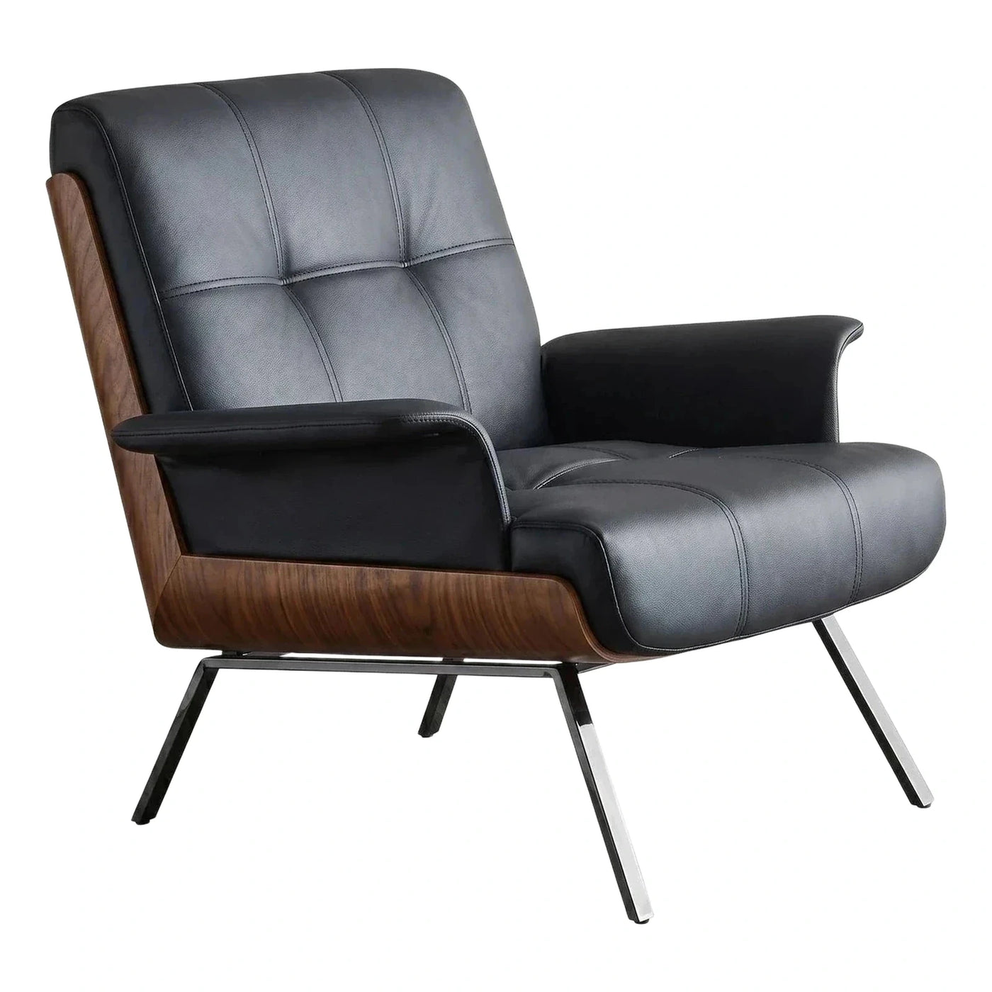 Modern Black Leather Armchair with Dark Wood Shell