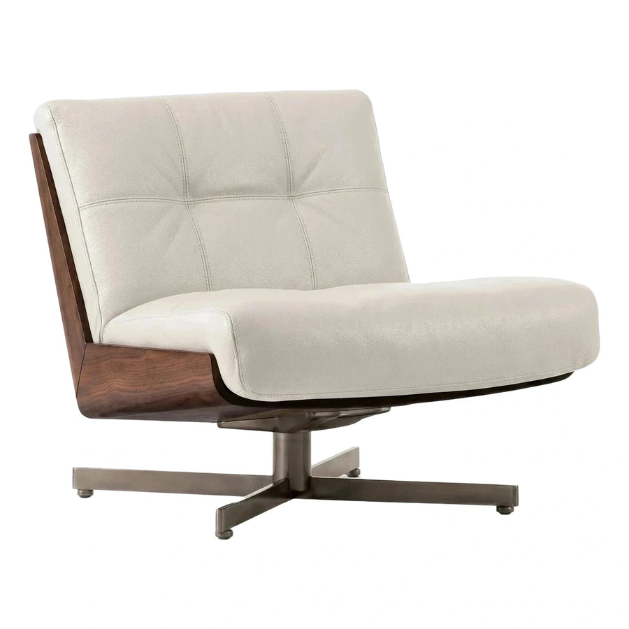 Cream Leather Swivel Lounge Chair with Wood Frame