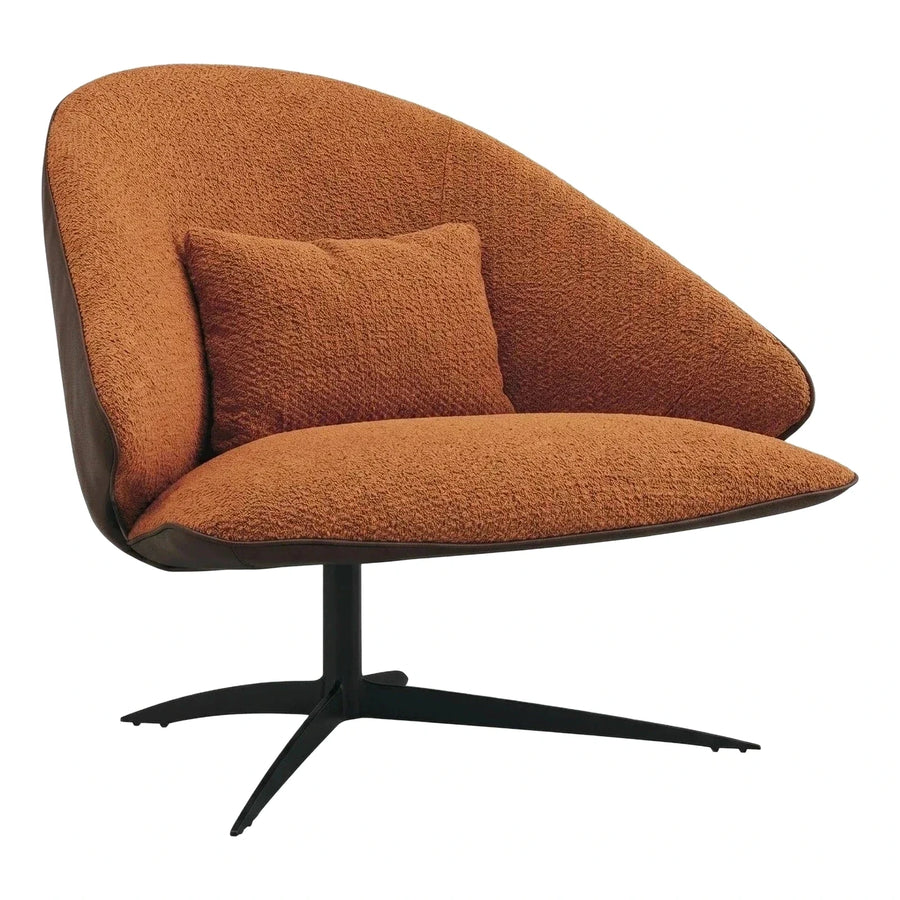 Rust Boucle Swivel Lounge Chair with Leather Trim