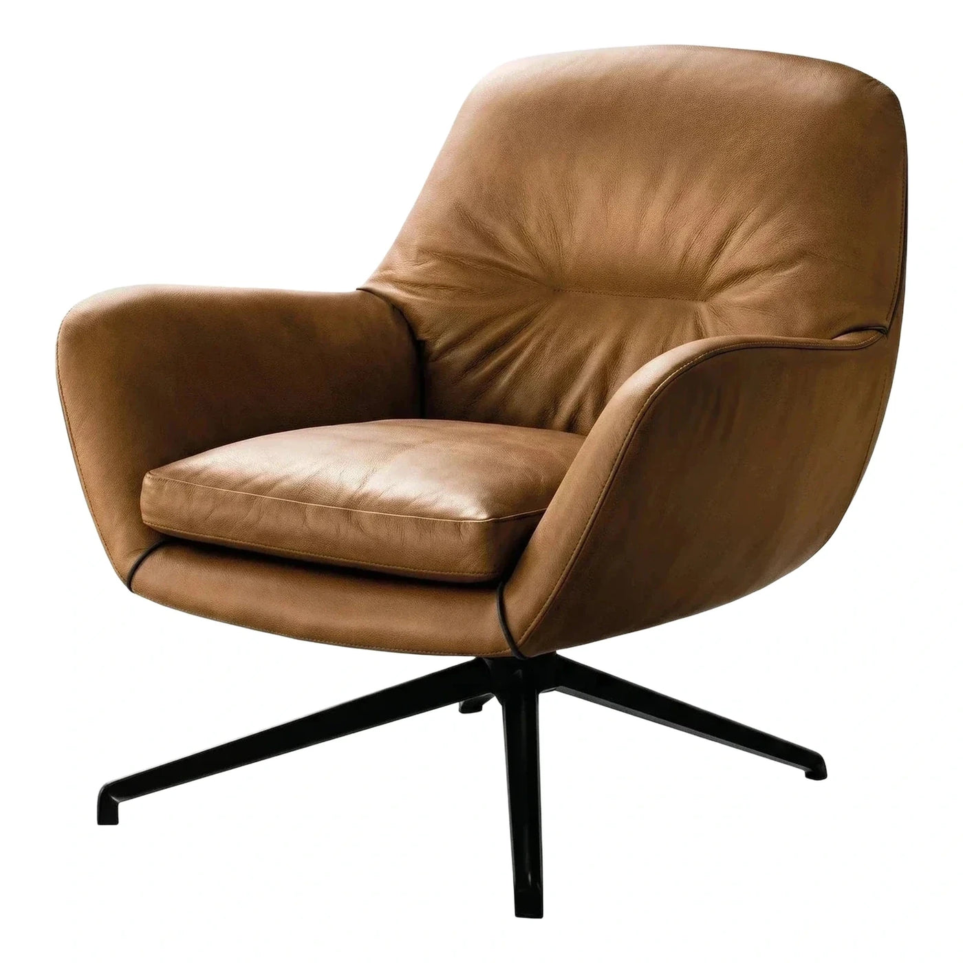 Modern Brown Leather Swivel Armchair with Black Base