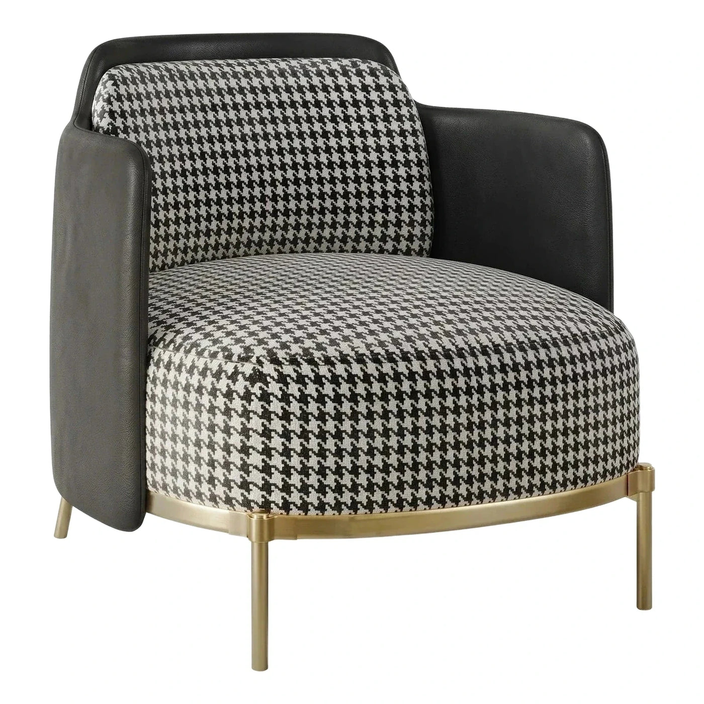 Modern Houndstooth Armchair with Black Leather and Gold Base