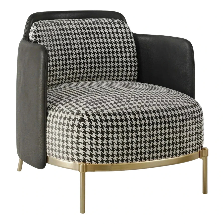 Modern Houndstooth Armchair with Black Leather and Gold Base