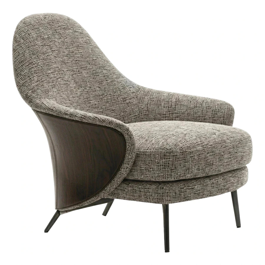 Modern Textured Fabric Armchair with Dark Wood Side Panel