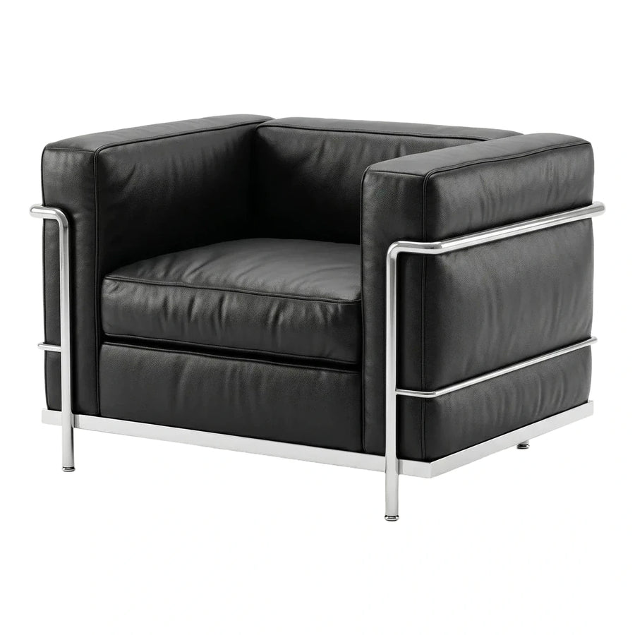 Modern Black Leather Armchair with Chrome Frame