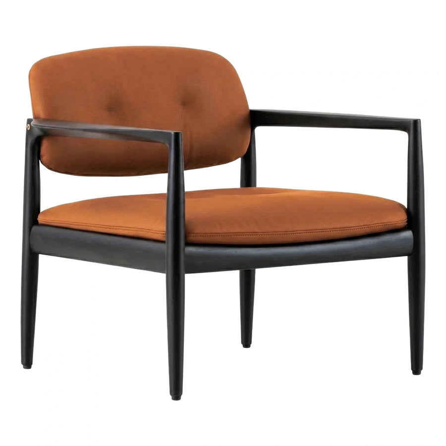 Tan Leather Armchair with Dark Wood Frame