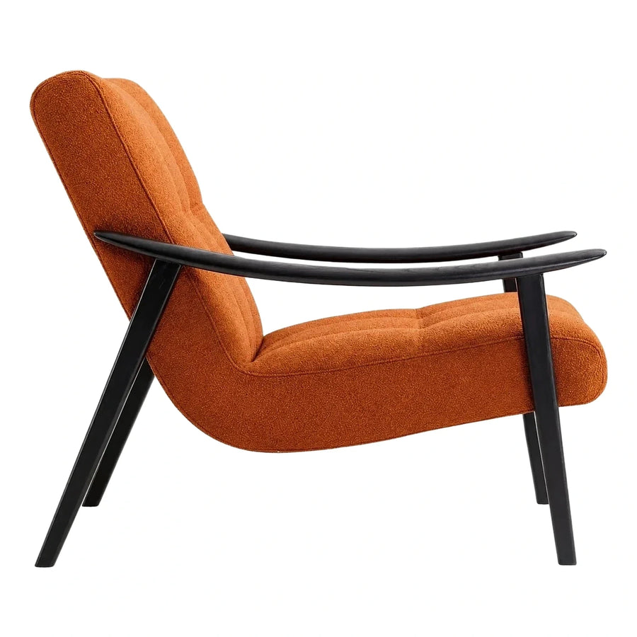 Orange Boucle Lounge Chair with Dark Wood Frame